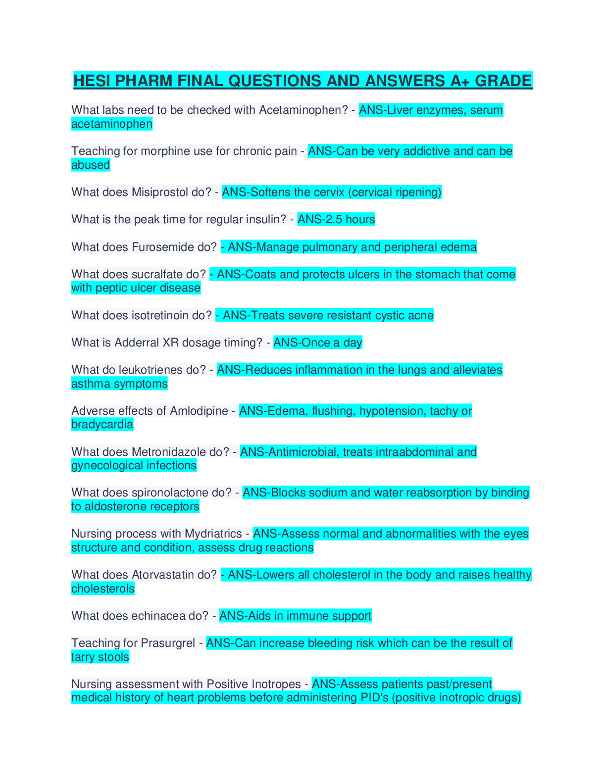 Preview image for HESI PHARM FINAL QUESTIONS AND ANSWERS A+ GRADE